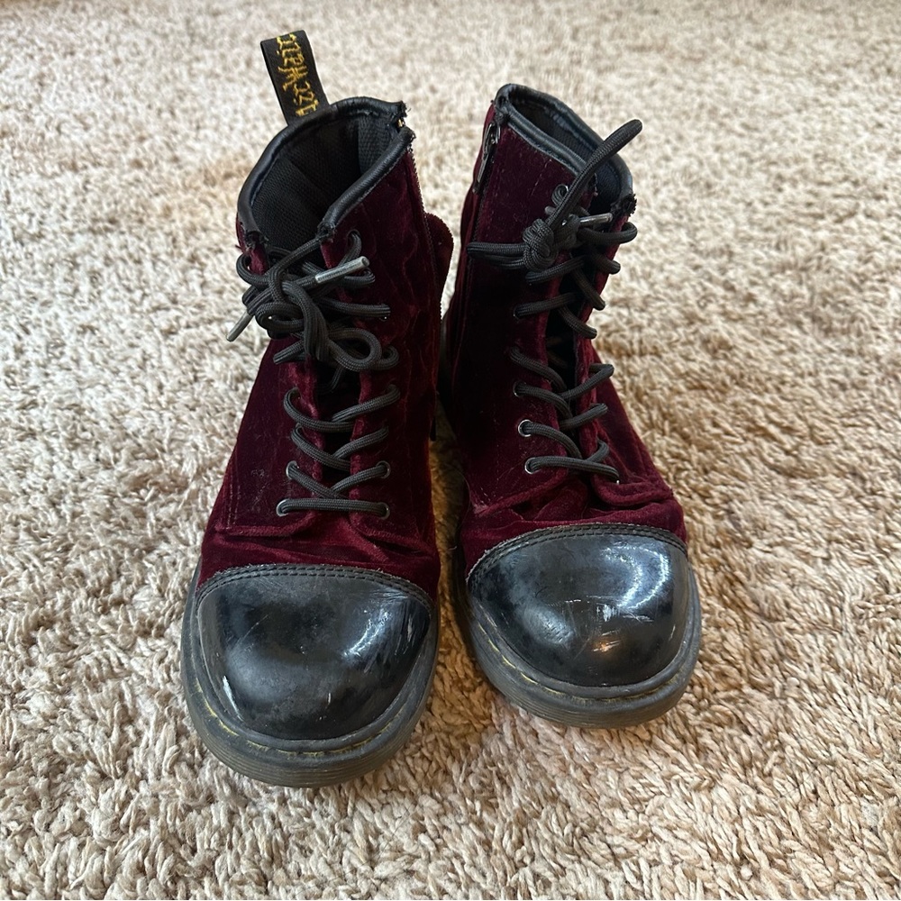Kids Maroon Velvet Dr. Martens Boots With Shiny Toe